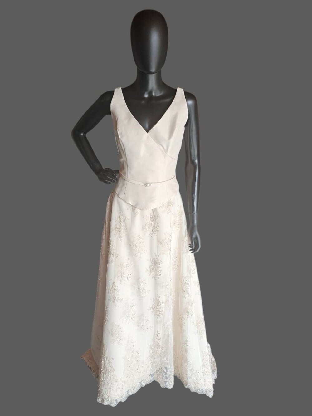 Antique Ivory 2-Piece V-Neck Lace Skirt Wedding Gown - Essence
